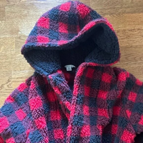 American Eagle Robe Red Black Check Buffalo Holiday Cozy Sherpa Blanket Hood - Picture 4 of 5